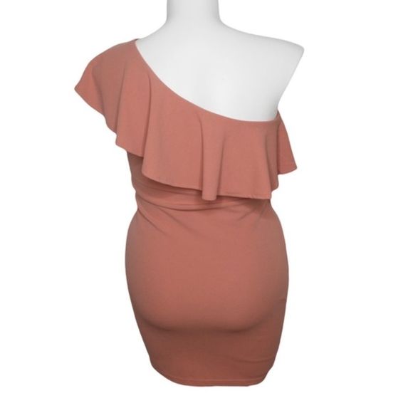 Guess Ruffle One Shoulder Mini Dress Dusty Rose Pink Large - Picture 2 of 5